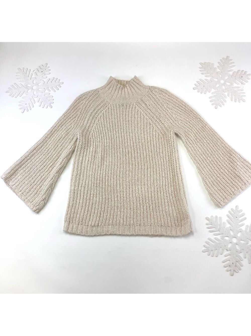 Chaps cream rib knit metallic silver flare sleeve knit turtleneck Small